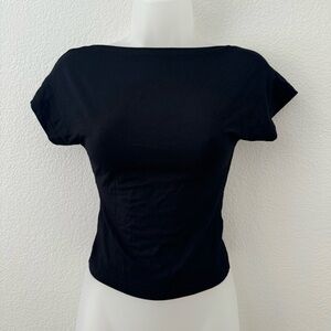 black boat neck backless cut out short sleeve top shirt